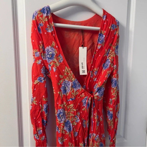 Zara Womens Red Floral V Neck  Wrap Ruched Long Sleeve Dress size S - Picture 6 of 10